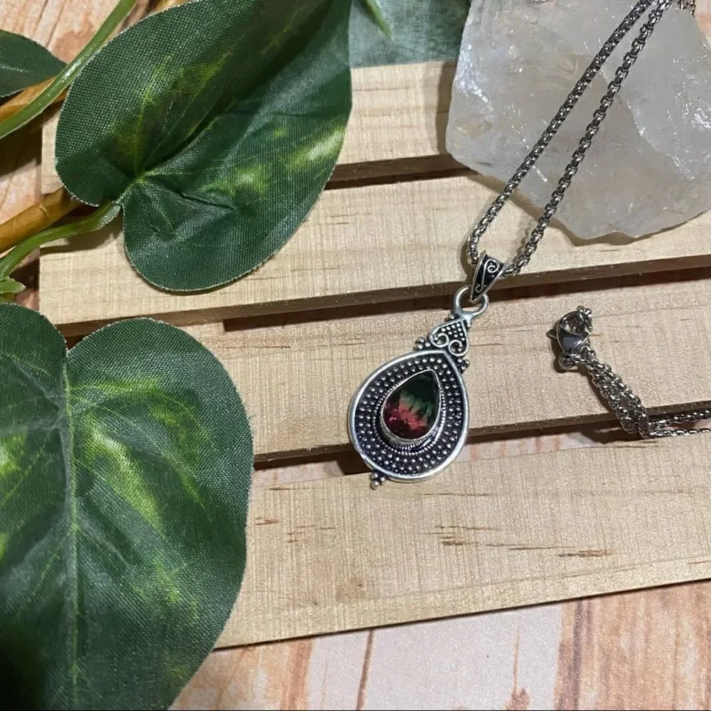 Bi-Color Tourmaline Green Pink Sterling Silver Pendant Necklace